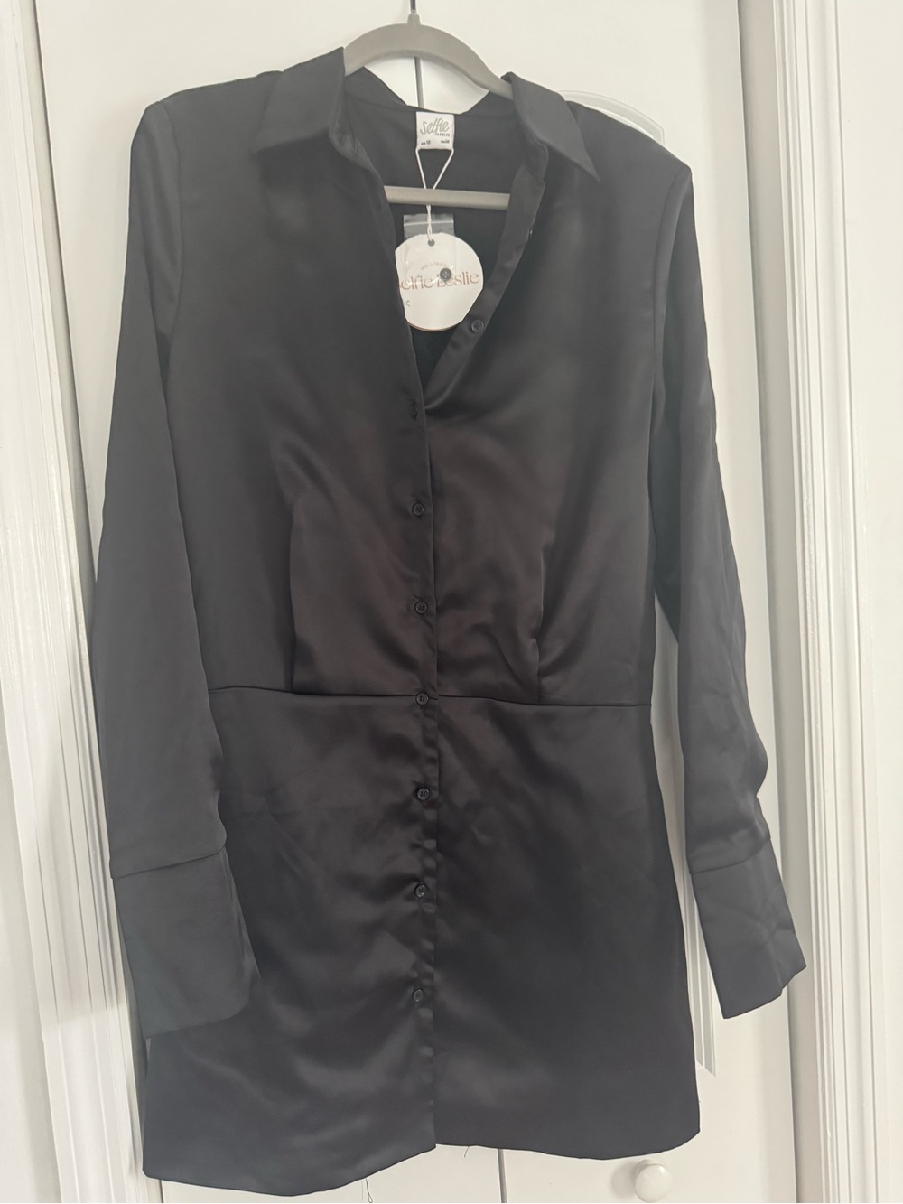 Silky Black Button-Front Shirt Dress by